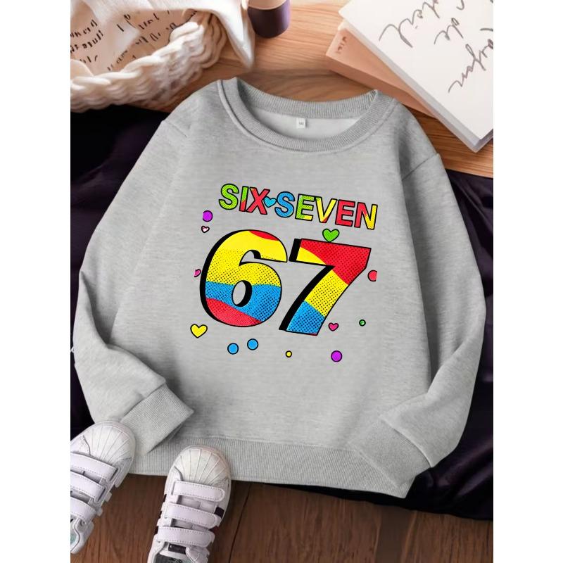 Unisex Kids Red Crewneck Sweatshirt For 4-12 Boys Girls Colorful SIX SEVEN Number 67 Heart Dot Print Soft Fleece Long Sleeve Pullover