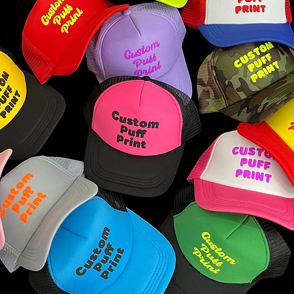 High Quality Custom Puff Printed 5 Panel Mesh Trucker Hats Foam Snap Back Adjustable Cap Striped Fashion Design Unisex