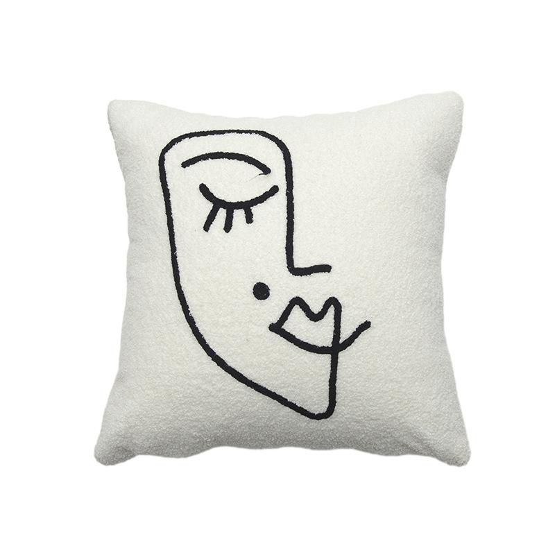 Face Simple Line Embroidery Cushion Cover Cushion Cover Teddy Velvet Sofa Living Room Abstract Bedside Pillow Cover