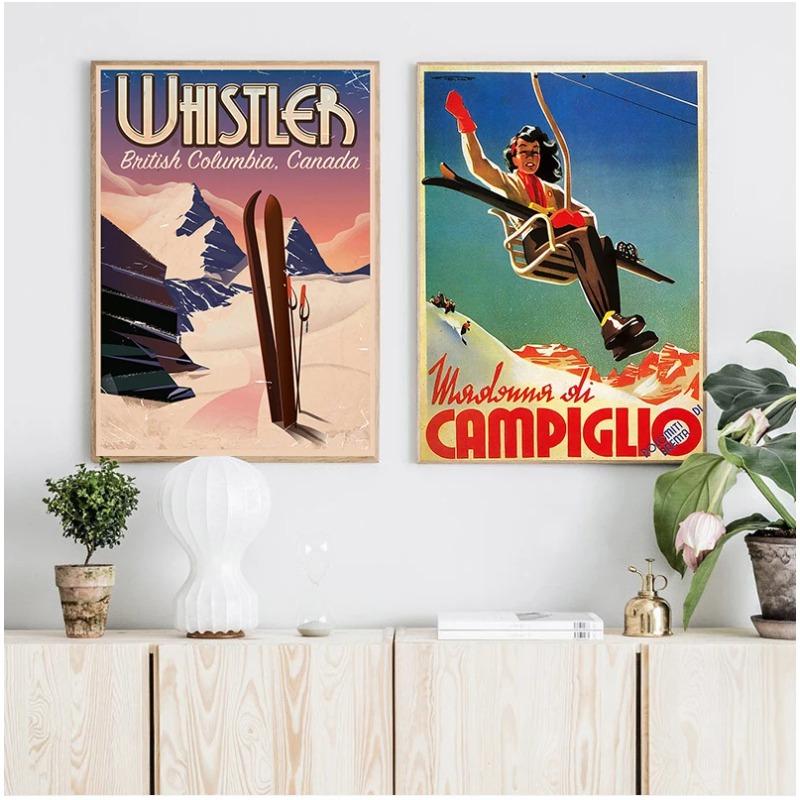 Retro Ski in America Canvas Painting Skiing Vintage Wall Kraft Posters Coated Wall Stickers Home Decoration Pictures Gift