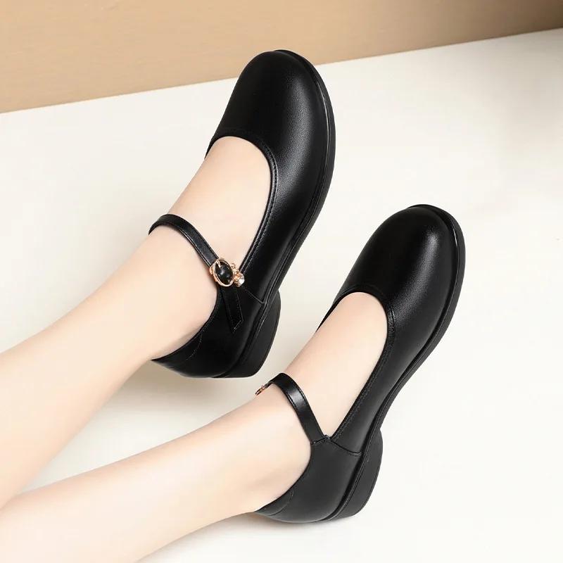 2.5cm Fashion Comfortable Shallow Soft Leather Mary Janes Women Shoes 2025 Fall Flat Square Heels Shoes for Office Mom Daily