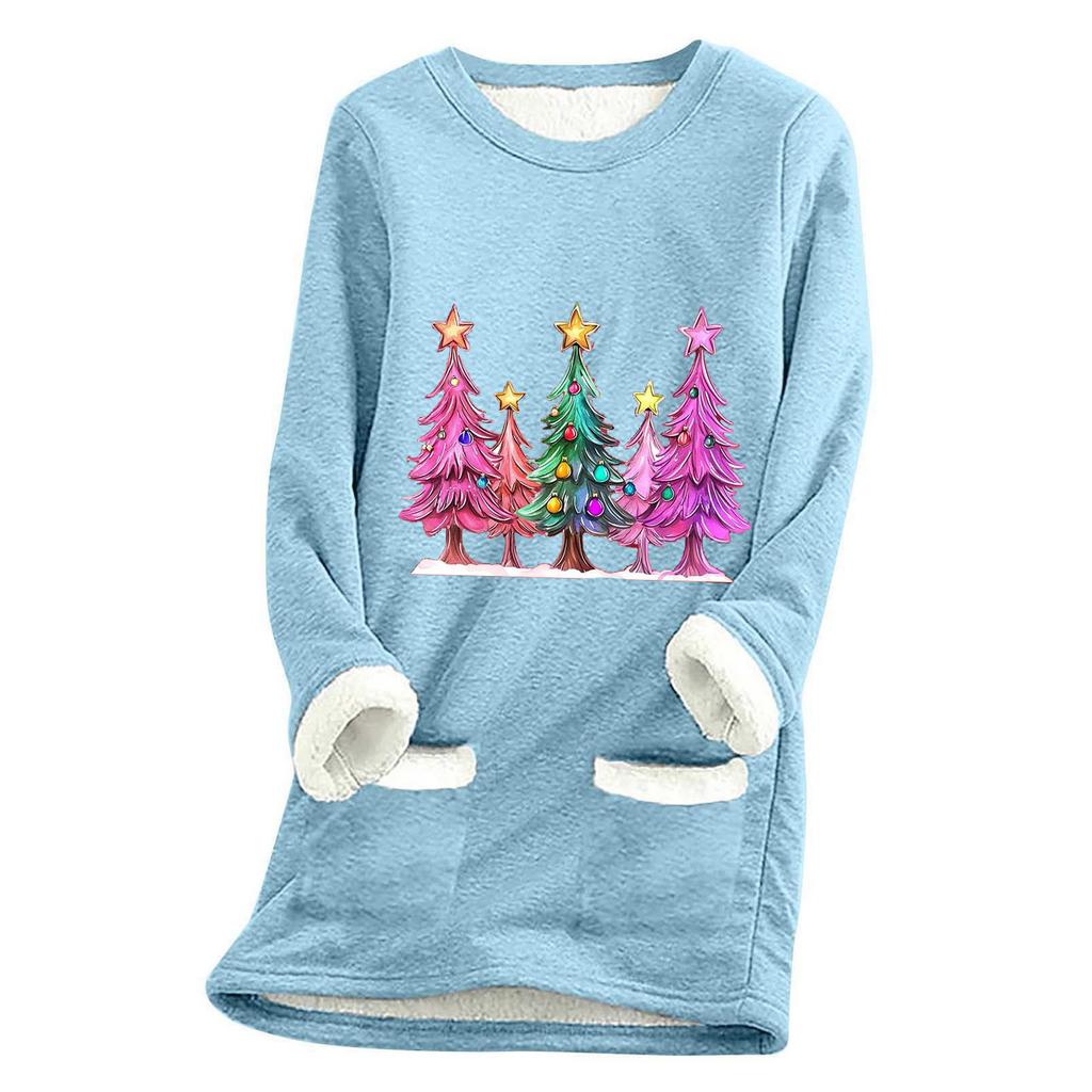 Ladies' Loose And Comfortable Round Neck Christmas Print Thick With Pockets Long Sleeved Top