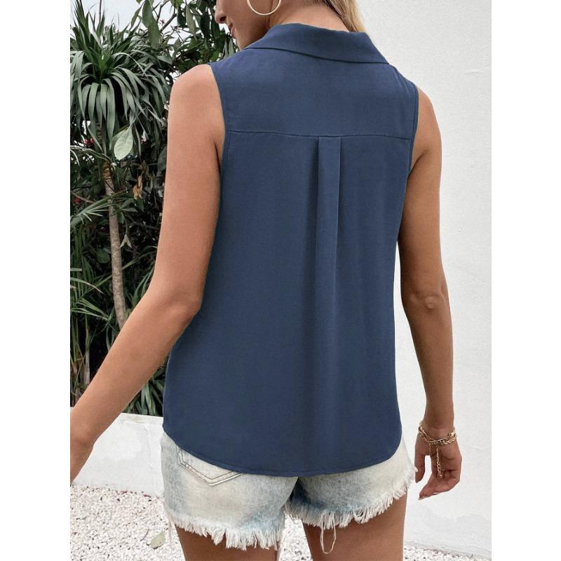 Women Summer New Style Solid Color V Neck Loose Chiffon Shirt Sleeveless Button Down Vest Blouse