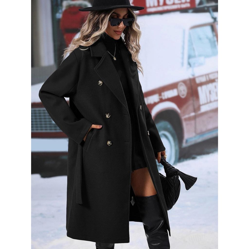 2025 Autumn Winter Women's Double-Breasted Wool Blend Trench Coat, Belted Waist Elegant Overcoat with Notched Lapel, Classic Office Chic Outerwear