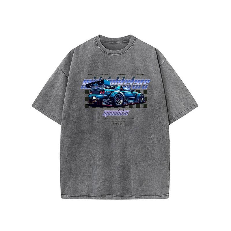 European sizes Men'S T-Shirt | Oversized Short-Sleeve Crew Neck Tee with Detailed Blue Racing Car Print, Bold "Motorsports" & "Speedster" Lettering