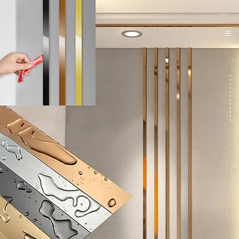 1PC 5m/196.85inch Gold Wall Sticker Stainless Steel Flat Decorative Lines Titanium Mirror Wall Ceiling Edge Strip Living Room De
