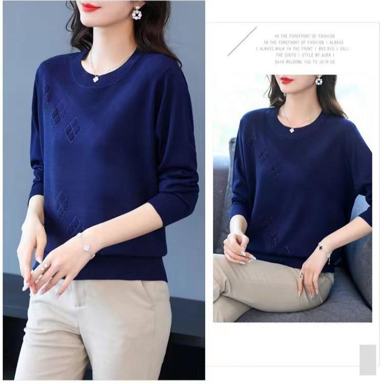 Fall Winter Women's Plus Size Sweater Long Sleeve Loose Crew Neck Knitwear Sweater Rhinestone Pullover Knit Top Stretch Jumper