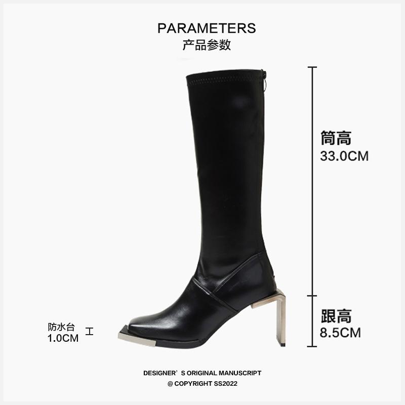 Fashion Metal Decor High Heel Platform Boots Slim All-Match Women Short Boots knee boots Leather Mid Tube Boots Retro fashion