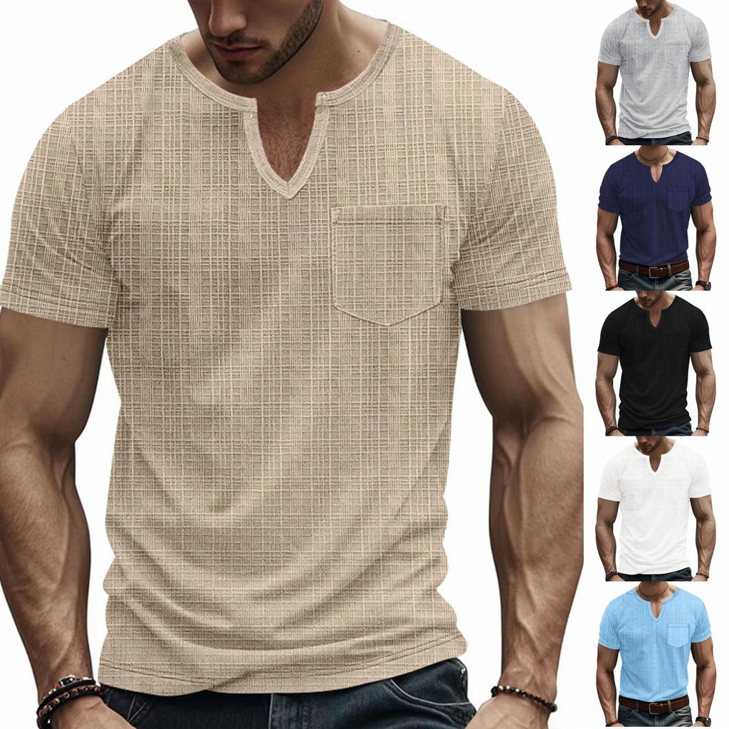 Men’s Short Sleeve Henley T Shirt with Chest Pocket Casual Lightweight Textured Fabric Notched Neckline Top
