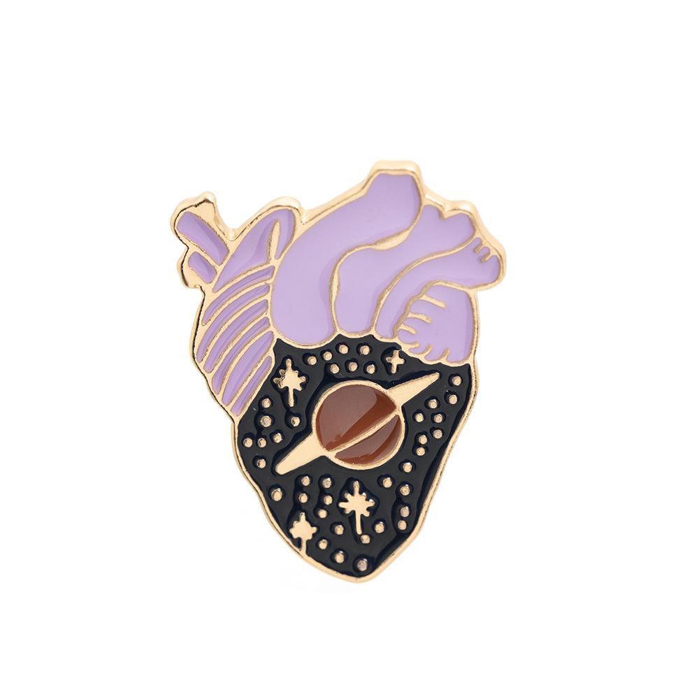 11 Styles Colorful Heart Shaped Enamel Brooches Funny Rose Space Ocean Eye Sea Wave Pattern Ticker Lapel Pins Heartbeat Badge