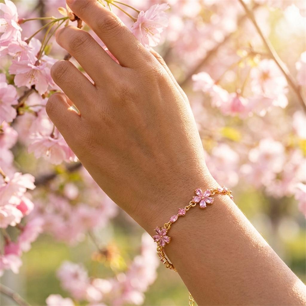 Romantic Colorful Crystal Flower Bracelet for Women Delicate Gold Color Cherry Blossom Chain Aesthetic Jewelry Valentine Gift