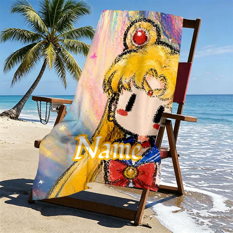 Custom Name Personalized Sailor Moon Print Beach Towel, for Trip Camping Beach Party Home Decor, Birthday Gift for Family & Friends