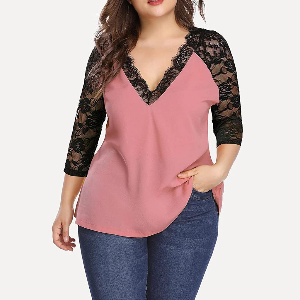 Women's Plus Size Lace Chiffon Shirt 3/4 Sleeve V Neck Top Loose Casual Tee T-Shirt Color Block Patchwork Blouse