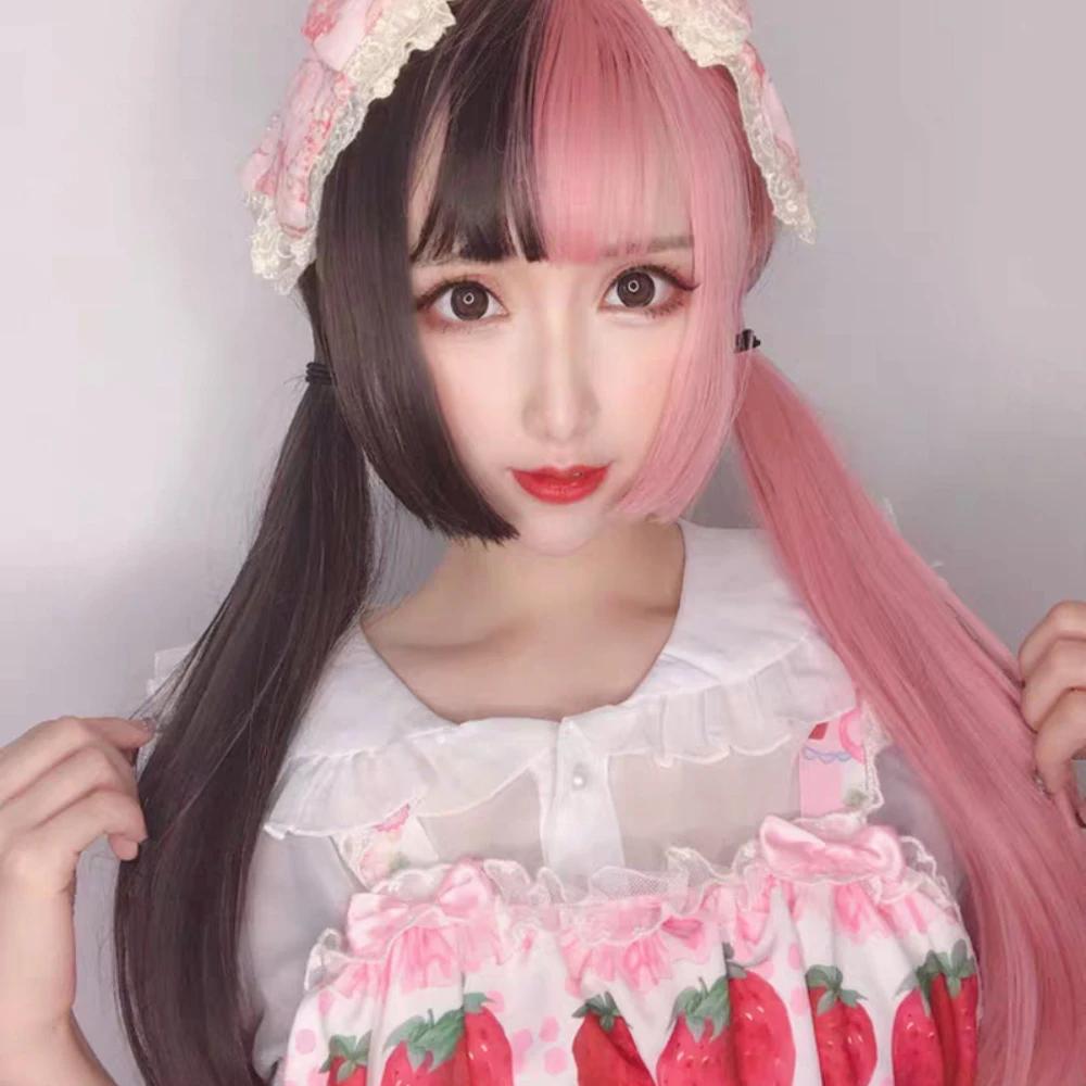 Long Straight Cosplay Synthetic Wig Women Costume Party Black pink Ombre Heat Resistant Synthetic Hair WigsPrincess cuts bangs