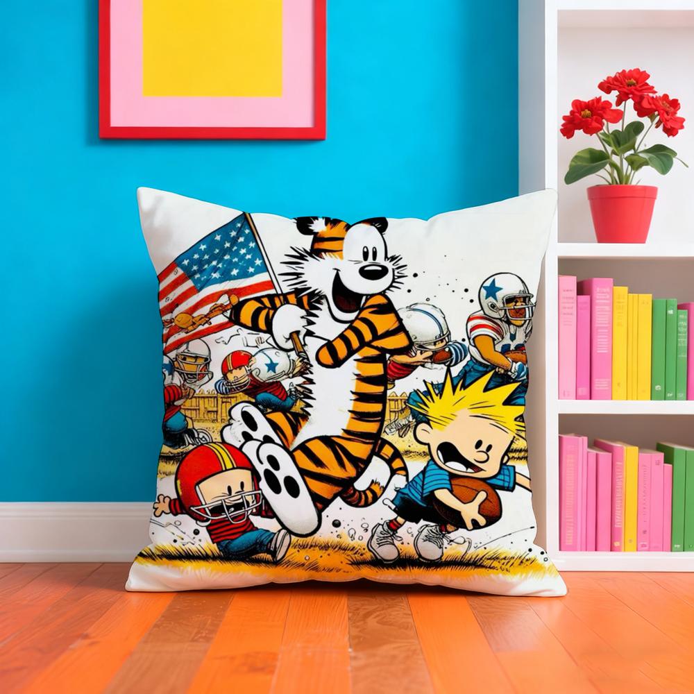 C-Calvin And H-Hobbes Cushion Cover Plush Fabric Soft Double-Sided Printed Sofa Warm Winter Home Gift Pillow Case