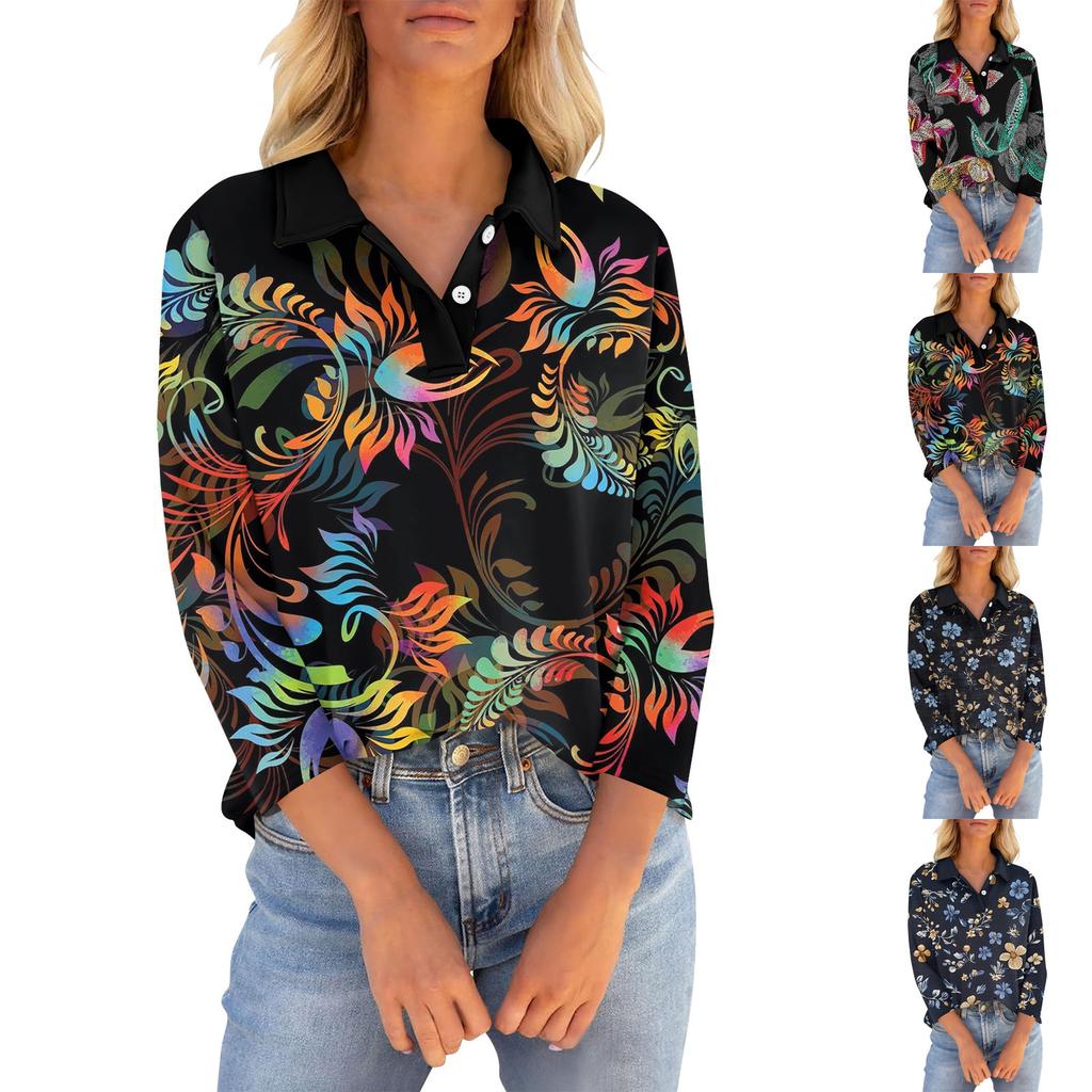 Women's 3/4 Sleeve T Shirts Summer V Neck Button Down Shirts Collared Casual Printed Loose Fit Tops