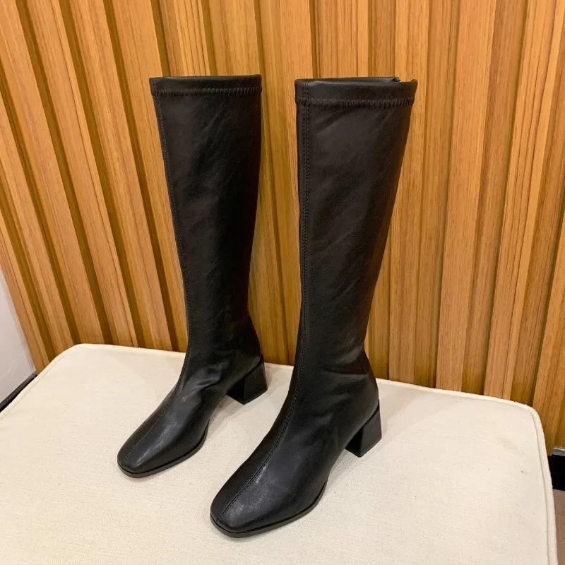 Fashion Women's Shoes 2024 Hot Sale Back Zip Women's Boots Fashion Square Toe Modern Boots Women Winter Plus Size Solid Knee-High Boots