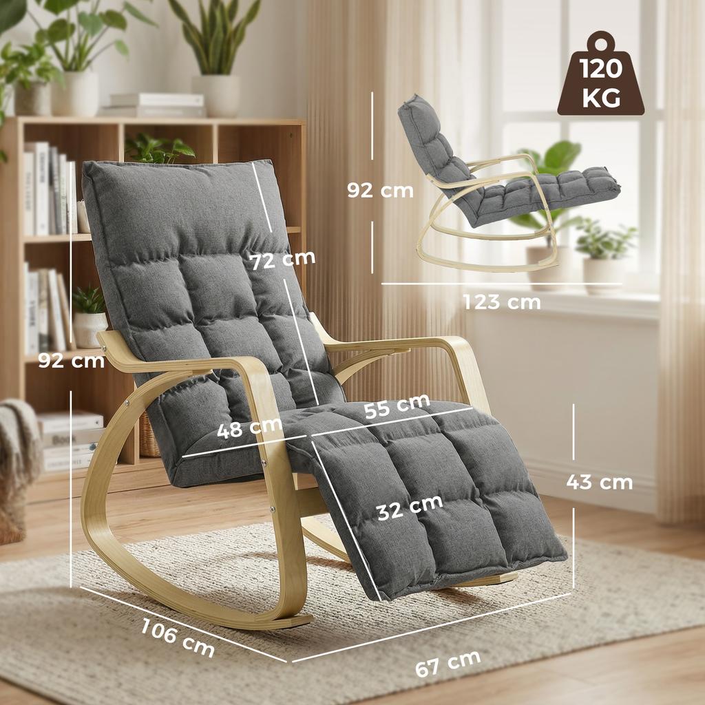 Rocking Chair with Adjustable Footrest, Padded Recliner Chair, Grey