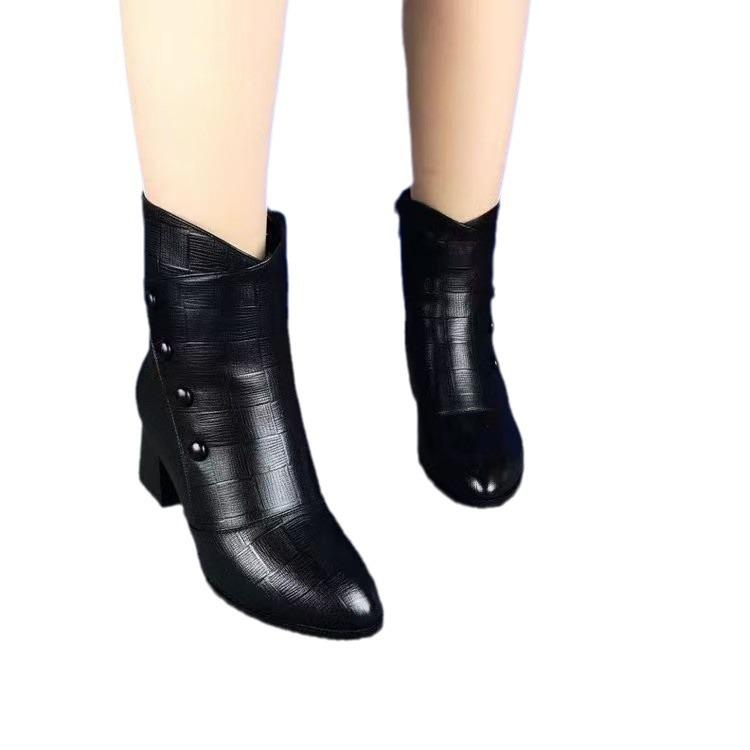 Women Short Boots Autumn Winter Leather Short Mid Barrel Mid Heel Fleece Boots