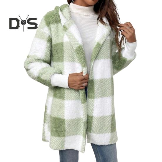 

Женское зимнее пальто с контрастным клетчатым принтом, плотный двухсторонний бархат, капюшон, ажурные швы, эластичные манжеты, свободное, сохраняющее тепло пальто 2XL светло-зеленый
