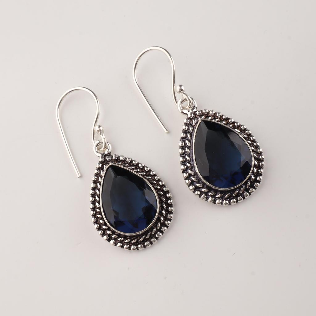 London Blue Topaz Gemstone Silver Earrings 1.3", 925 Sterling Silver Handmade Topaz Jewelry AEE-1-7