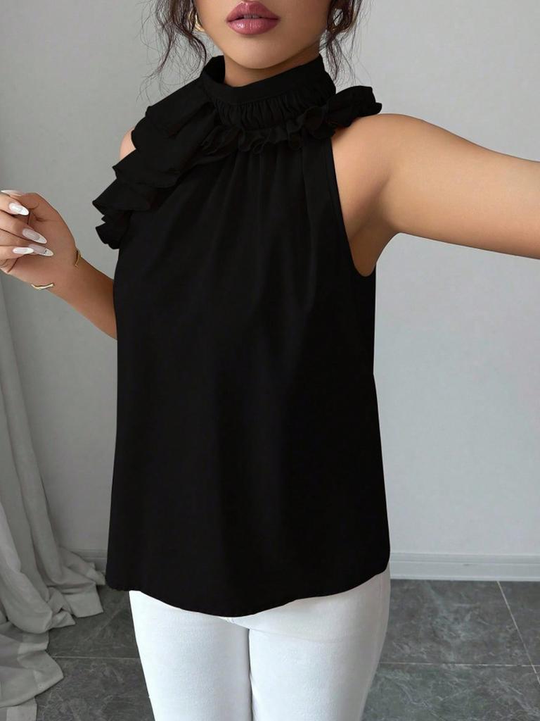 Top da Donna alla Moda con Fascino, Scollo a Petalo, Sulla Spalla, Vestibilità Aderente, Senza Maniche, Colore Unito