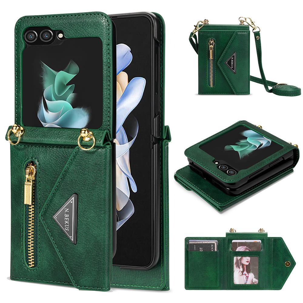 

N.BEKUS For Samsung Galaxy Z Flip5 5G Phone Case PU Leather Coated PC Zipper Pocket Card Slots Cover with Shoulder Strap Green
