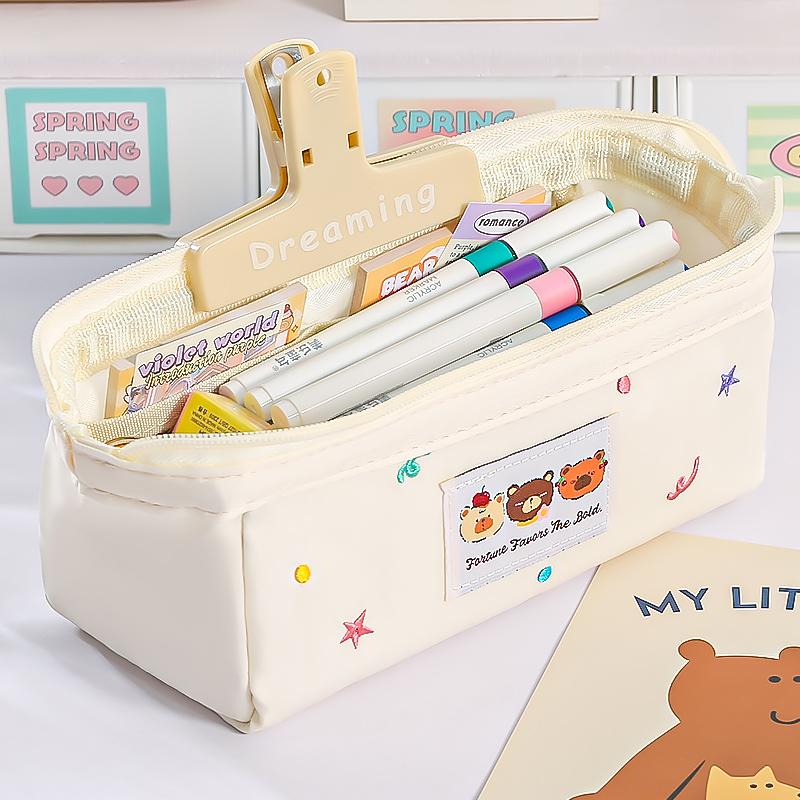 1pcs Three Cartoon Bear Pencil Bag Pen Case Embroidery Design Large Opening Cute Portable Storage Pouch Student