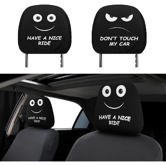 

Funny Car Headrest Covers 2 Pack – Double-Sided with Smile “Have A Nice Ride” & Angry “Don’t Touch My Car” Faces – Universal Fit Seat Have a Nice Ride + Don’