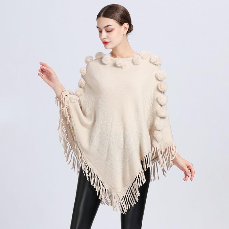 307 Fall Winter Tassel Pom Shawl Cape Womens Crew Neck Pullover Knit Sweater