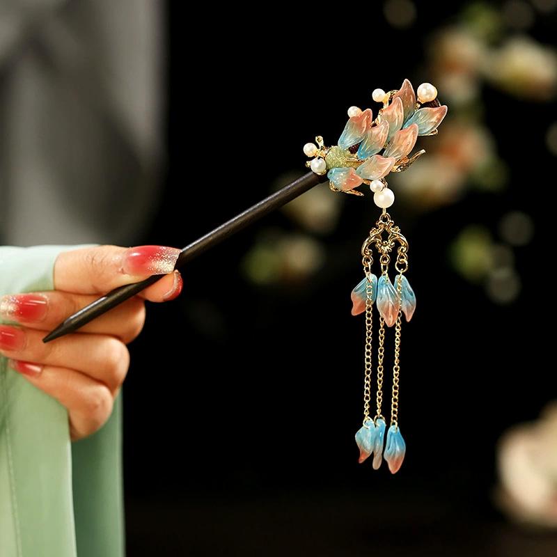 1 Stück Glas Fisch Haarnadel Antiker Kopfschmuck Sandelholz Haarnadel Frische Blütenblatt Haarnadel Neuer Chinesischer Stil Blütenblatt Quaste Haarnadel
