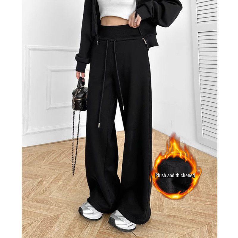 Women's High-Waisted Wide-Leg Fleece-Lined Sweatpants: Autumn/Spring Slimming, Loose, Casual American Style with Drawstring.