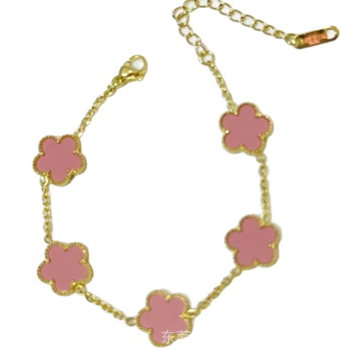 18K Rose Gold Women's Bracelet with Five-Leaf Clover, Red Agate, White Mother-of-Pearl, and Diamond Inlays