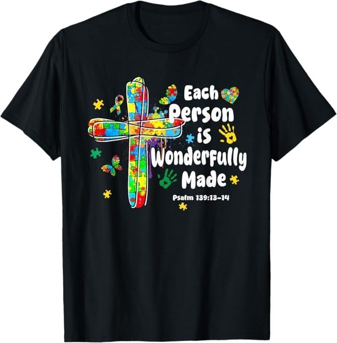 Each Person Is Wonderfully Made Christian Autism Bible Verse T-Shirt S разноцветный