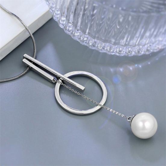 Women Fashion Imitation Pearl Circle Bar Pendant Sweater Chain Necklace Jewelry