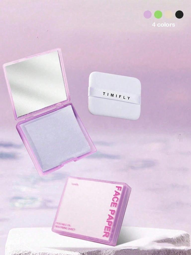 100 Sheets Bamboo Charcoal Oil Control Film With Powder Puff, Mirror, Portable Oil Absorbing Facial Blotting Paper For Men