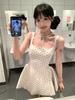 French square collar polka dot suspender dress women's summer waist thin sweet a-word skirt small fluffy short skirt