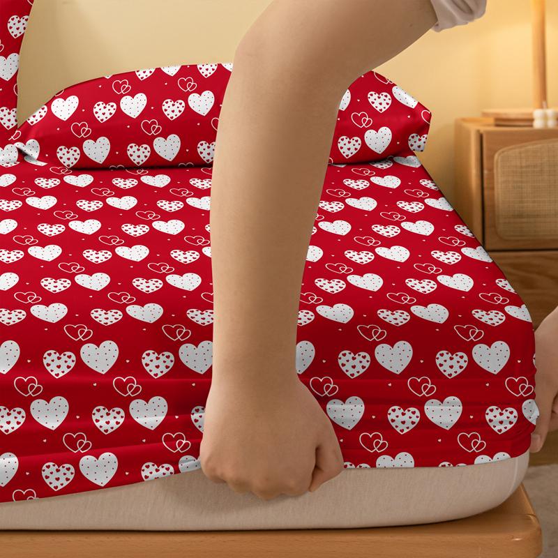 1 Simple Modern Heart-Shaped Printed Matte Fitted Sheet, Bedroom Printed Bed Cover, Bedding (Excluding Pillowcases)