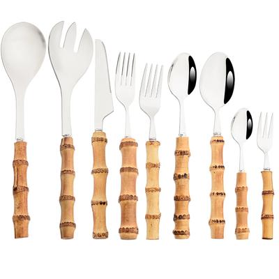 Vintage Stainless Steel Flatware Serving Salad Fork Spoons Dinnerware Bamboo Handle Cutlery Kitchen Accessories Tableware Set
