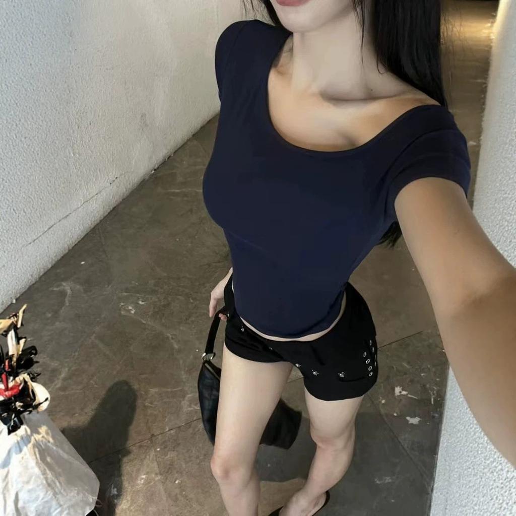 Pure lust Spice Girl slanted shoulder short-sleeved slim-fit T-shirt women's summer tight and thin bottoming shirt slim-fit short top