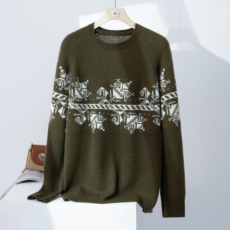 

2025 Puyuan Autumn/Winter Women s Silk Cashmere Fair Isle Sweater: Retro Vibe Round Neck for Winter Large