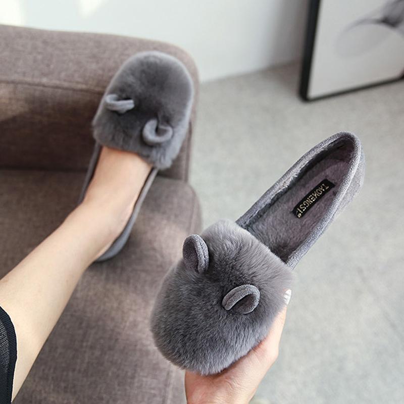 Fashion Cute Rabbit Ear Furry Flats Woman Big Size 34-43 Smooth Fur Loafers Winter Warm Barefoot Cotton Shoes Ladies Shearling Mocasines