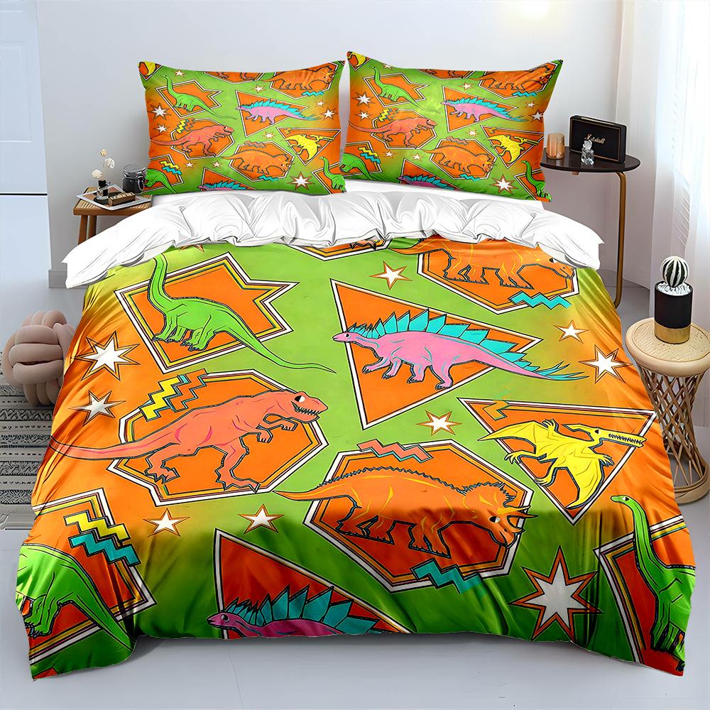 Cartoon Dinosaur Geometric Puzzle Pattern Duvet Cover Set Digital Print Colorful Polyester Bedding with Zipper Closur