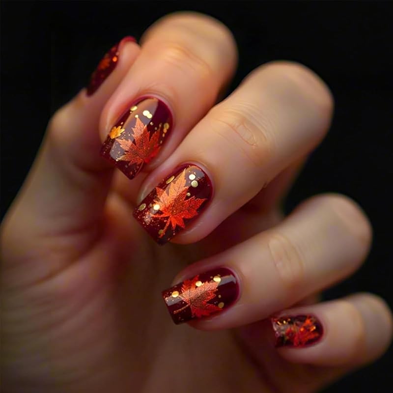 Fall Press On Nails Medium Square Fake Nails with Designs Maple Leaf Stick On Nail Thanksgiving Acrylic False Nail Bling Sequins Artificial Nail