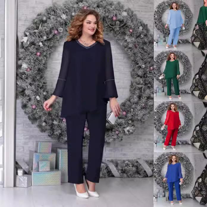 

Женский комплект брюк осень-весна с V-образным вырезом, нерегулярный подол, свободный однотонный цвет с длинными рукавами, широкие брюки, большие размеры