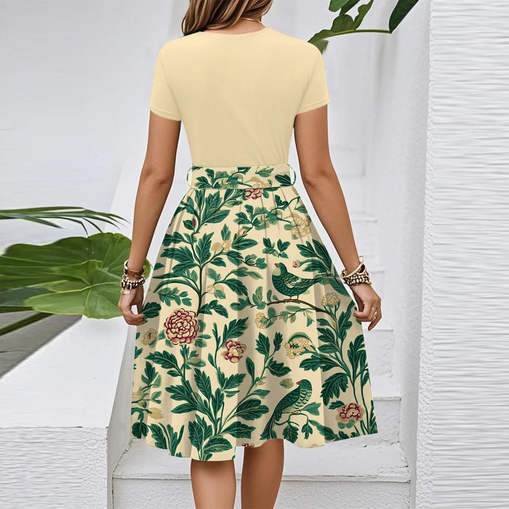 Women's Casual Fashion Belted Floral Print Short Sleeve Round Neck Elegant Dress