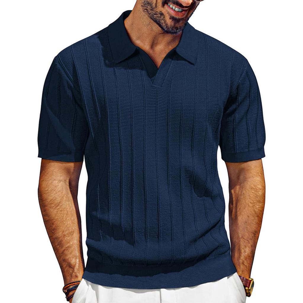 Men’s Short Sleeve Knitted Polo Shirt with Classic Ribbed Texture Casual Lightweight Pullover Top for Everyday Wear