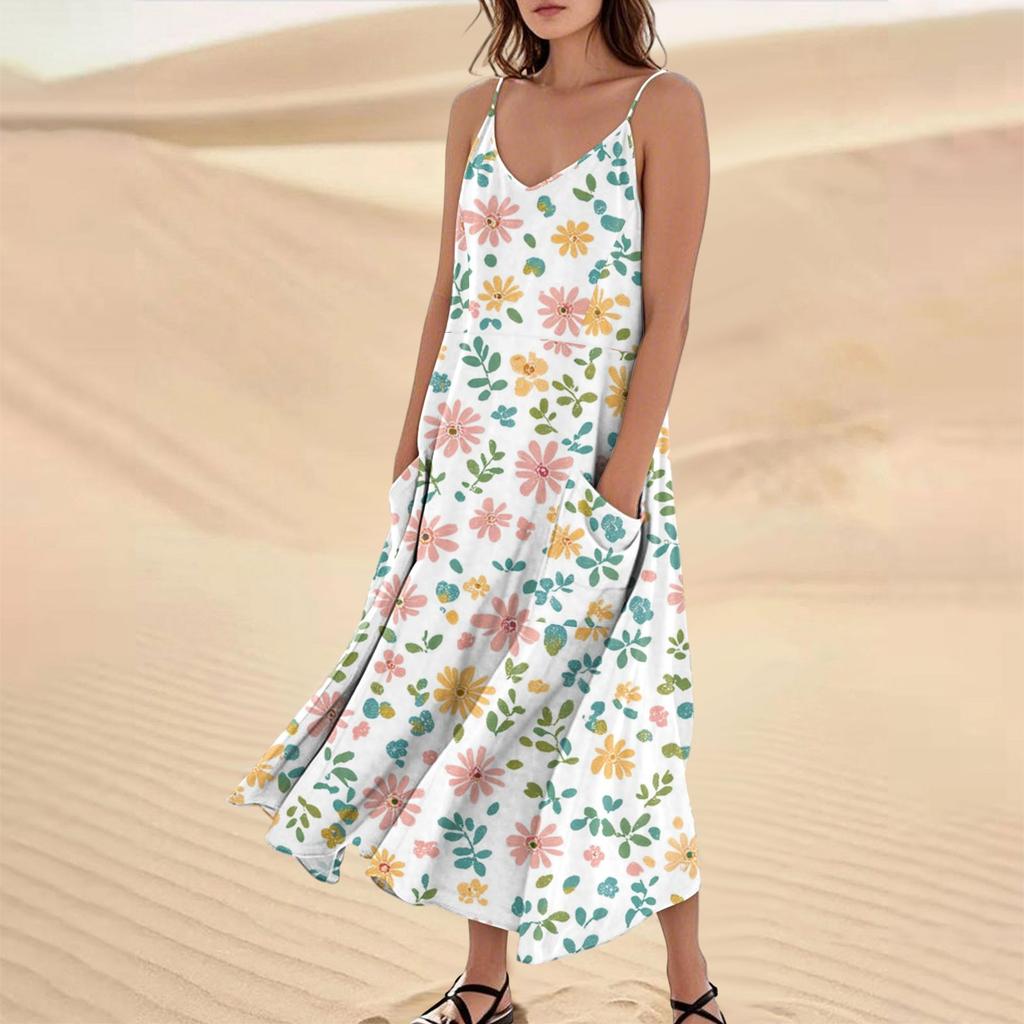 Women's Casual V Neck Floral Print Sleeveless Pocket Suspender Dress