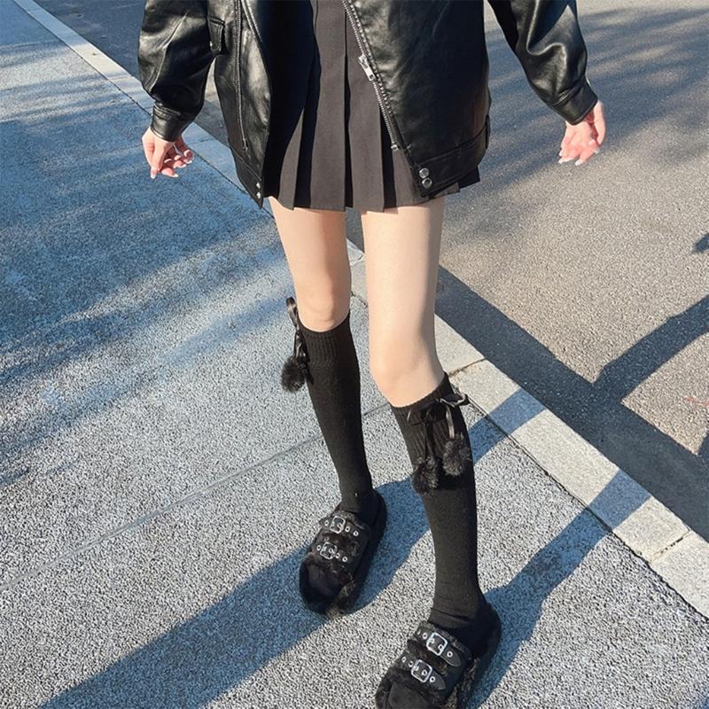 Damen kniehohe Socken Strümpfe Lolitas Schleife Schnürung Wadenstrümpfe Bommel Oberschenkelhohe Strümpfe Süß Niedlich Überknie-Socken