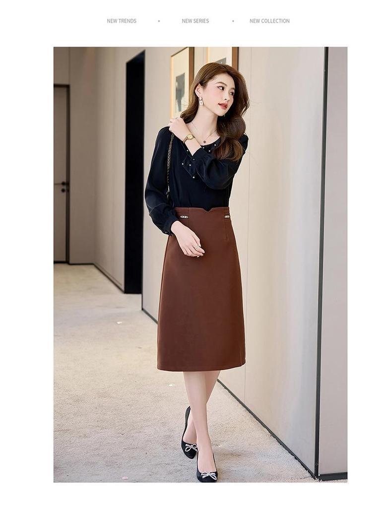 Spring 2025 Women's Fashionable Two-Piece Suit: Temperament Shirt & Midi Skirt (HR968-8)